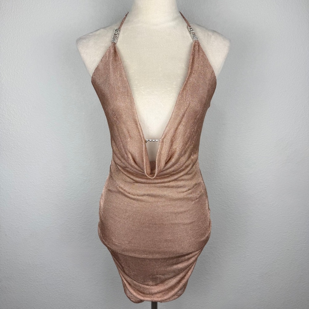 Outcast Ursa Mini Dress Bronze Rose Gold Metallic Cowl Halter Rhinestone Details